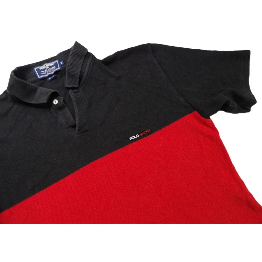 VTG Polo Sport Ralph Lauren Men XL Black Red Colorblock Short Sleeves Shirt 90s